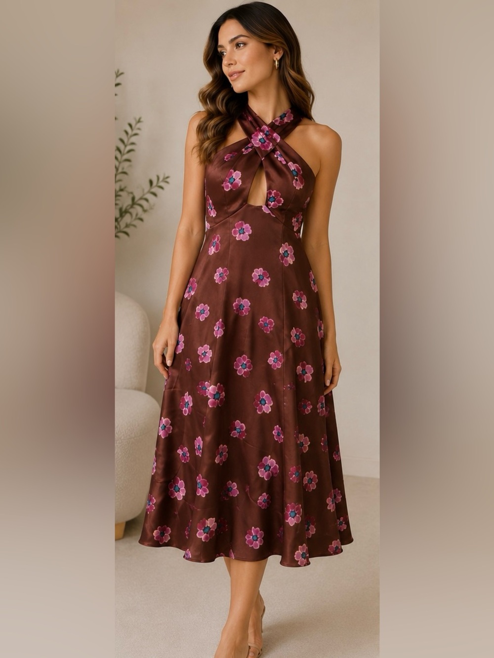 LOFT Brown Midi Dress with Pink Floral Print